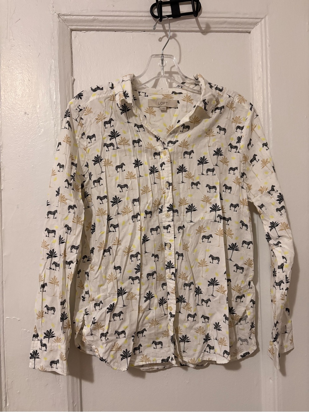 LOFT White Printed Button-Up Shirt with Black & Yellow Zebra Motif - Size M